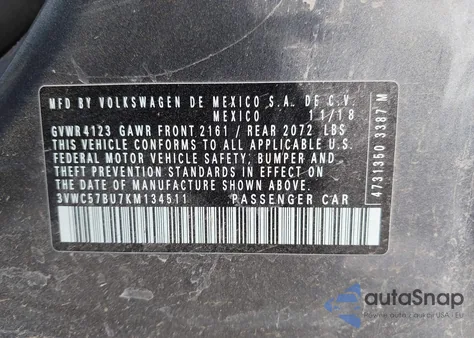 2019 Volkswagen Jetta 1.4T R-Line/1.4T S/1.4T Se z USA, uszkodzony, nr VIN 3VWC57BU7KM134511